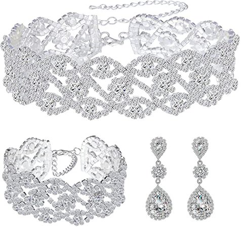 Amazon.com: Paxuan Women Silver Rhinestone Crystal Wedding Bridal Choker Necklace Earrings Bracelet Jewelry Sets: Jewelry