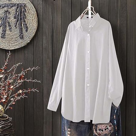 ZJHANHGKK Womens Long Sleeve Shirts Loose Fit Button Down Casual Simple Tunic Cotton Classic Office Work Blouses at Amazon Women’s Clothing store
