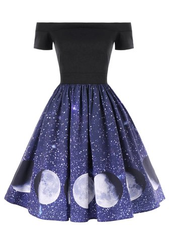 2019 OFF The Shoulder Moon Phase Print Dress | Rosegal.com