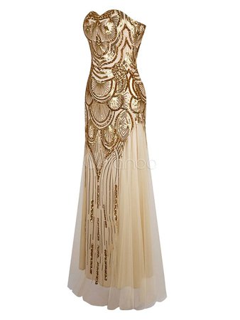 Vintage Prom Dresses Gold Sequin Strapless 1920s Flapper Dress Maxi Evening Dress - Milanoo.com
