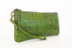 (56) Pinterest - Green Tooled Leather Clutch. Detachable Strap. | Clutchs