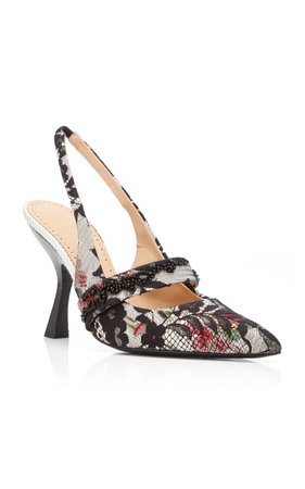 Lace-Detailed Printed Jacquard Slingback Pumps by Brock Collection | Moda Operandi