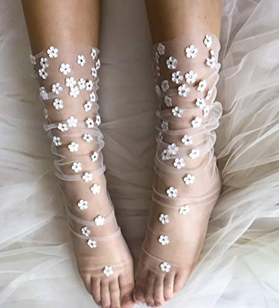 Amazon.com: Vision In White Tulle Socks| Floral Embellished Tulle Socks| Sheer Mesh socks |Fancy Bridal Socks| Pretty Ballerina Socks: Handmade