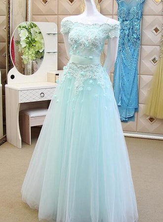 Ice Blue Off Shoulder Tulle Applique Elegant Evening Dresses, Long For – BeMyBridesmaid