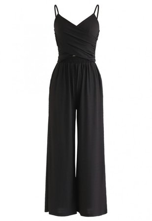 Crisscross Front Crop Cami Top and Wide Leg Pockets Pants Set in Black - DRESS - Retro, Indie and Unique Fashion