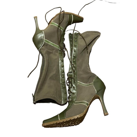 khaki pointed heeled alace up boots