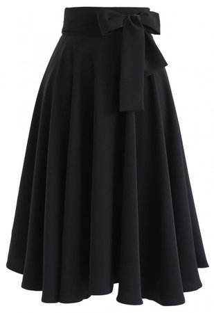 Flare Hem Bowknot Waist Midi Skirt in Black - Skirt - BOTTOMS - Retro, Indie and Unique Fashion