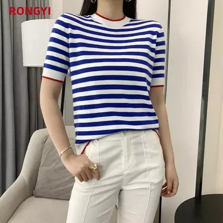 RONGYI Summer Women's O-Neck Striped 100% Cotton Short Sleeve T-Shirt With Loose Pullover Casual Knit Top High Quality 5 Sizes - AliExpress