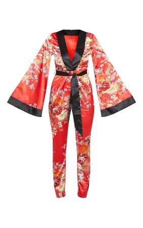 Red Oriental Plunge Tie Waist Jumpsuit | PrettyLittleThing USA