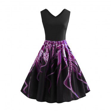 Black & Purple V-Neck Octopus Dress