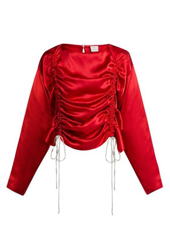 Ruched silk satin blouse red