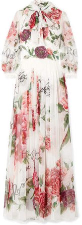 Pussy-bow Floral-print Silk-chiffon Gown - White