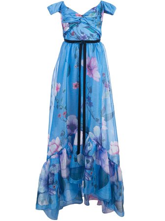 Blue Marchesa Notte Floral Print Organza Gown | Farfetch.com