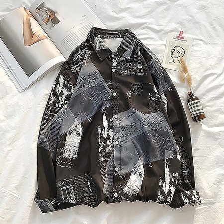 Long Sleeve Button Down Shirts English Newspaper Print Shirt Casual Top For Men - Free shipping - DealExtreme