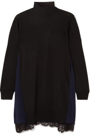 Lace-trimmed Wool Turtleneck Mini Dress - Black