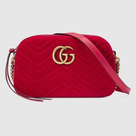 GG Marmont velvet small shoulder bag in Hibiscus red chevron velvet | Gucci Women's Shoulder Bags