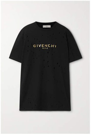 Distressed Metallic Printed Cotton-jersey T-shirt - Black