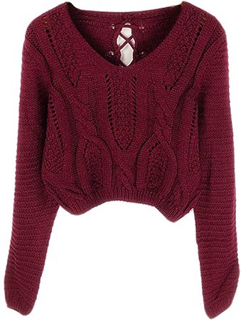 PrettyGuide Women's Long Sleeve Eyelet Cable Lace Up Crop Top Burgundy S at Amazon Women’s Clothing store
