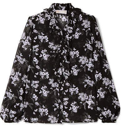 Ruffled Floral-print Chiffon Blouse - Black