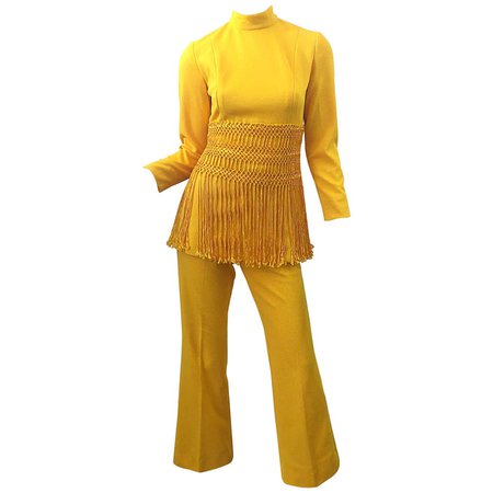1970s Canary Yellow Fringe Vintage Knit Tunic Top + 70s Bell Bottom Flared Pants For Sale at 1stDibs