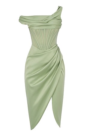 Clothing : Midi Dresses : 'Lulu' Pistachio Asymmetric Drape Midi Corset Dress
