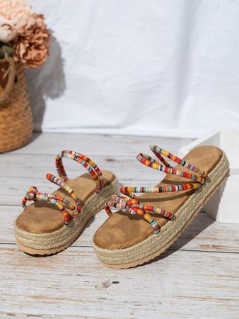 Women's Woven Band Designed Colorful Flat Sandals Round Toe Platform Wedge Heel Espadrilles, Summer Holiday Style | SHEIN USA