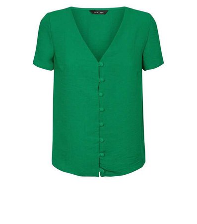 Green V Neck Button Front Blouse | New Look