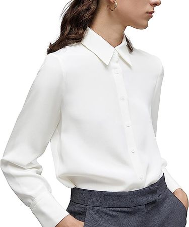 Women's Button Down Shirt Classic Long Sleeve Collared Tops Work Office Chiffon Blouse White at Amazon Women’s Clothing store