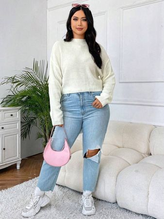 SHEIN EZwear Plus Mock Neck Drop Shoulder Sweater | SHEIN USA