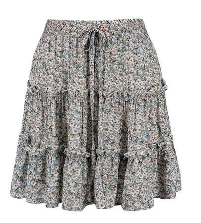 Women's Floral High Waist Drawstring Ruffle Flared Boho A-Line Pleated Skater Mini Skirt
