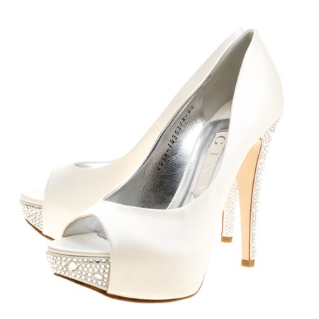 Buy Gina White Satin Jenna Crystal Embellished Heel Peep Toe Platform Pumps Size 37.5 146529 at best price | TLC