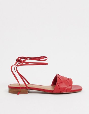 Who What Wear Marlena woven tie up flat sandals in red leather | ASOS