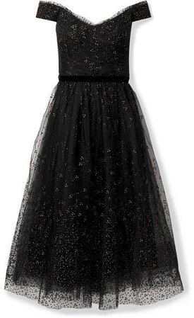 Off-the-shoulder Ruched Glittered Tulle Gown - Black