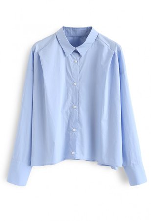 Button Down Sleeves Cropped Shirt in Blue - NEW ARRIVALS - Retro, Indie and Unique Fashion