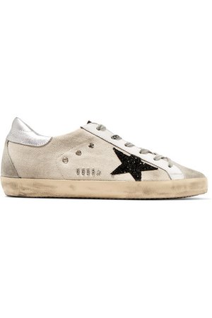 Golden Goose | Superstar glittered distressed canvas, leather and suede sneakers | NET-A-PORTER.COM
