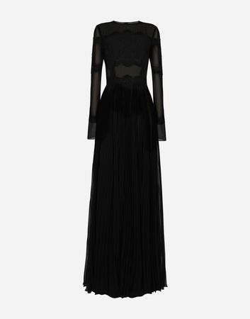 Long chiffon dress with lace details in Black for | Dolce&Gabbana® US