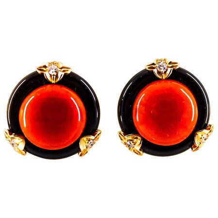 Art Deco Mediterranean Red Coral Onyx White Diamond Yellow Gold Clip-On Earrings