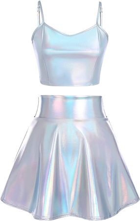 Amazon.com: IWEMEK Alien Costume Women Metallic Holographic Flared Skirt Shiny Crop Tank Top with Alien Headband Antenna Ball Bopper 3PCS : Clothing, Shoes & Jewelry