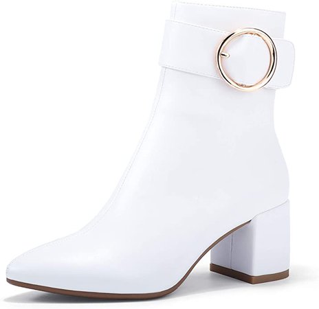 Amazon.com | IDIFU Women Dressy Chunky Heel Ankle Boots Pointed Toe Metal Ring Zipper Short Booties -Need Half Size UP (White Pu, 5.5) | Ankle & Bootie