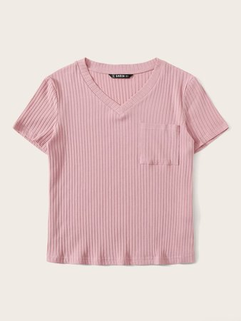 Solid Pocket Front Rib-knit Tee | SHEIN