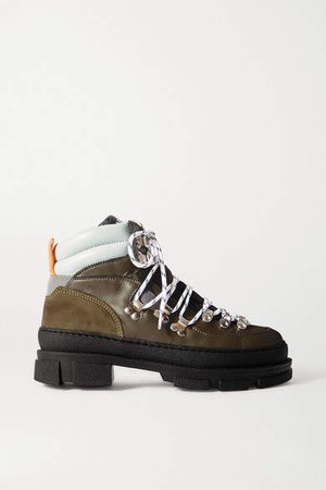 Sporty Hiking Leather And Suede Ankle Boots - Army green