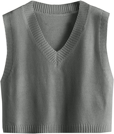 Romwe Women's Knit Sweater Vest Women Crop Y2K Sweater Vests V Neck Sleeveless JK Uniform Pullover Knitwear Tops at Amazon Women’s Clothing store