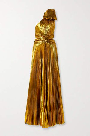 Tre By Natalie Ratabesi TRE by Natalie Ratabesi - Bow-embellished One-shoulder Plisse-lame Gown - Gold