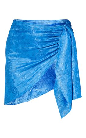 PLT Blue Satin Printed Side Tie Asymmetric Mini Skirt