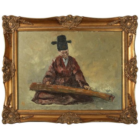 Chinese Oil on Canvas Signed Painting of Musician Playing a Guqin, 20th Century For Sale at 1stdibs