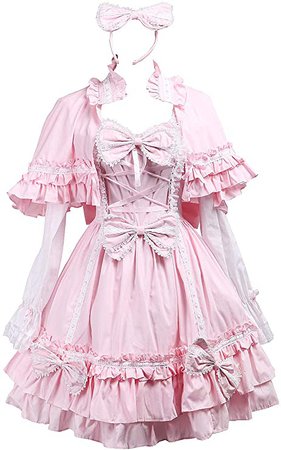 Antaina Pink Cotton Bows Ruffle Sweet Victorian Lolita Dress with Cape Headware,XS: Clothing