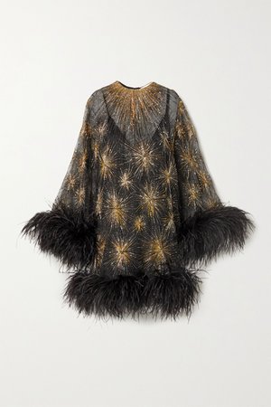 Black Feather-trimmed beaded embroidered silk-organza mini dress | SAINT LAURENT | NET-A-PORTER