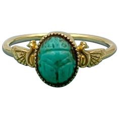 Scarab Winged Phoenix Bird Ring Revival Antique 14 Karat Egyptian Turquoise 14K Gold