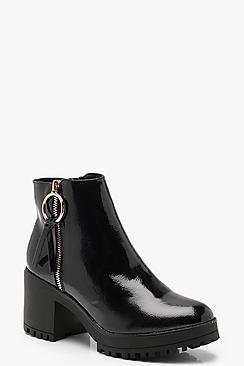 O Ring Zip Trim Patent Cleated Ankle Shoe Boots