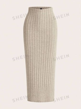 SHEIN EZwear Solid Ribbed Knit Pencil Skirt | SHEIN